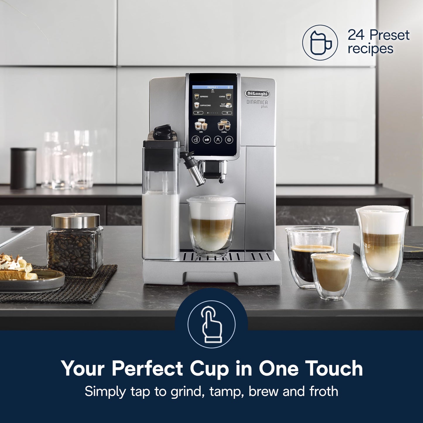 De'Longhi Dinamica Plus Espresso & Coffee Machine, Automatic Milk Frother, 24+ One Touch Recipes, Enjoy Lattes, Cappuccinos, and more, ECAM38085SB